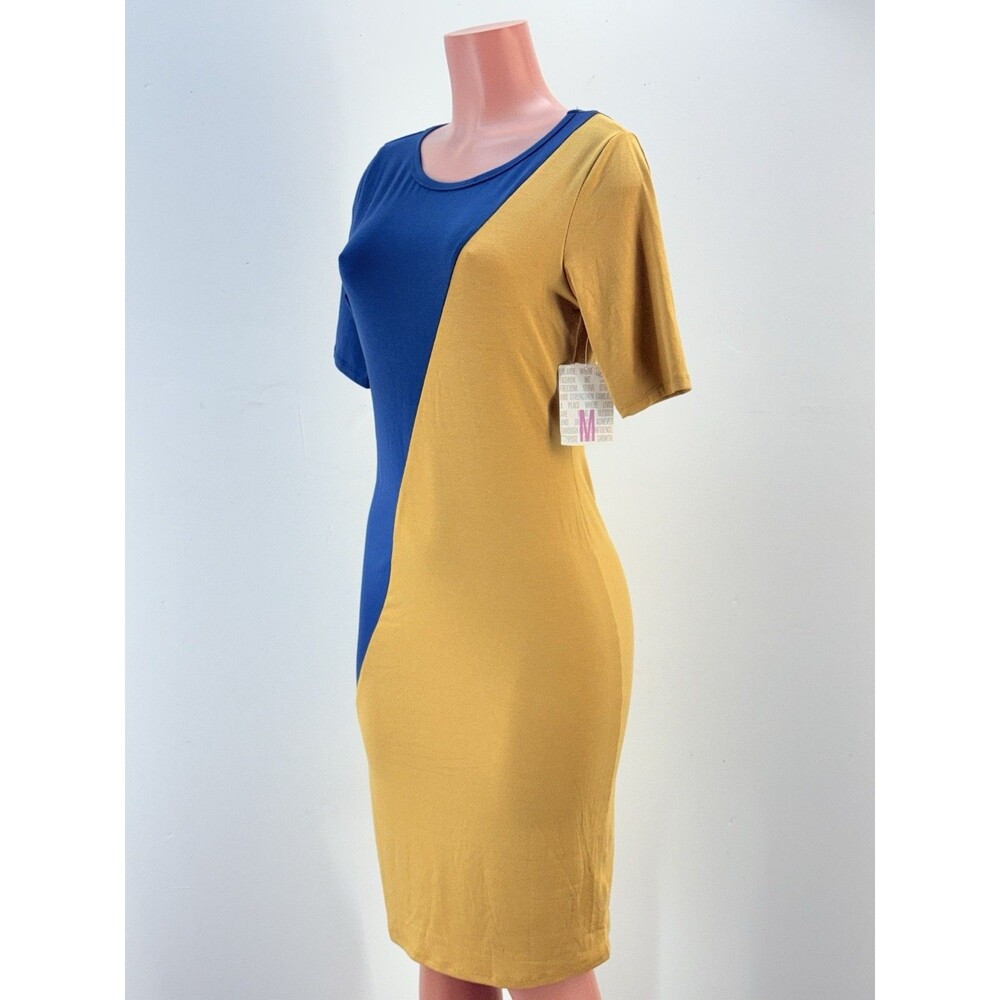 LuLaRoe Julia M Dress Bodycon Mustard Color Blue Stretch Knee Length Comfy Soft - Picture 3 of 13